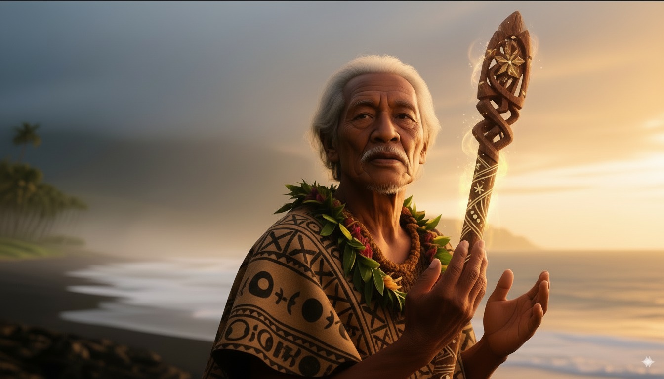 ʻAukai with a navigator’s staff under a starry sky motif