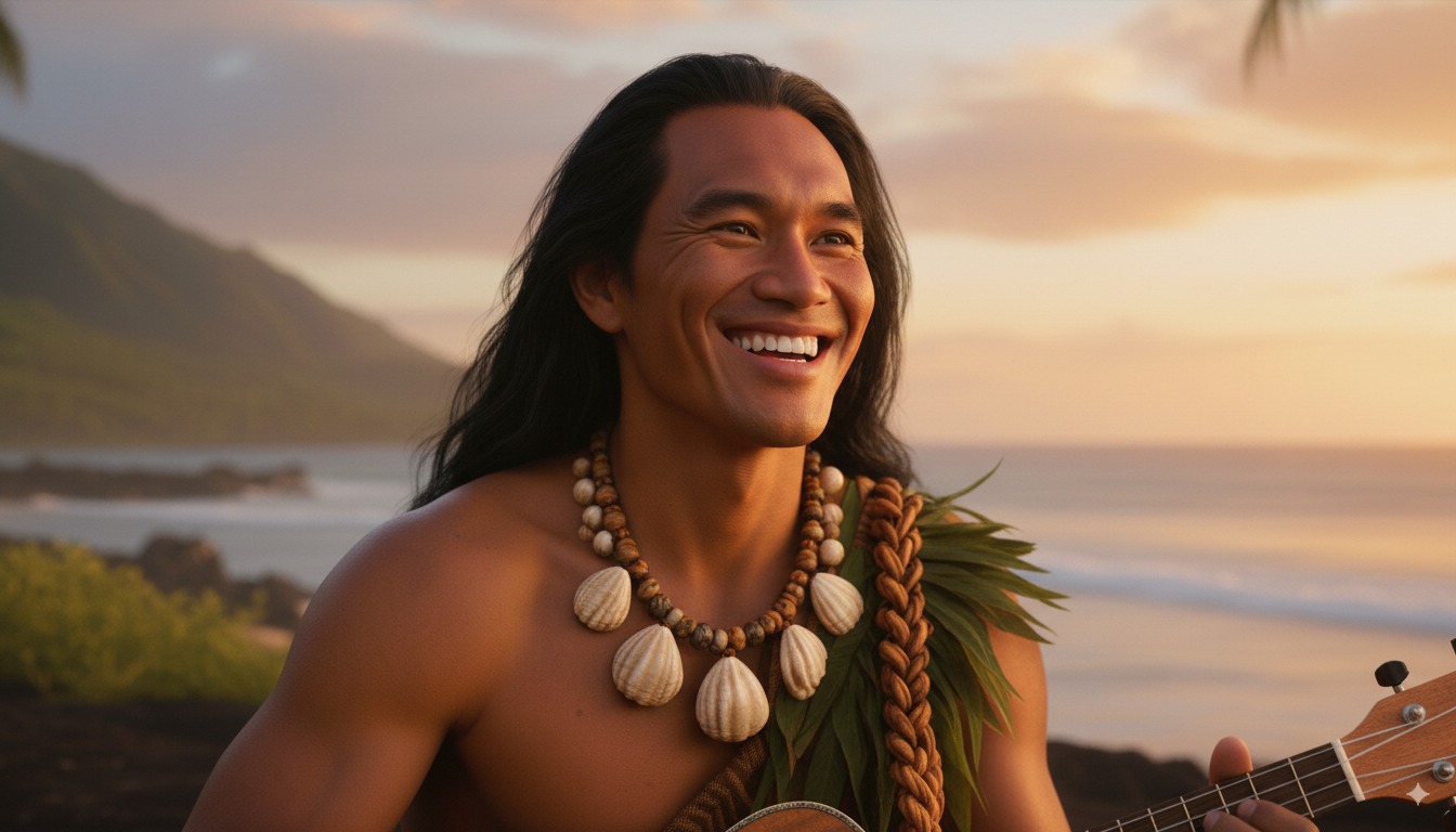 Kaimana smiling, playing ʻukulele by the ocean at sunset