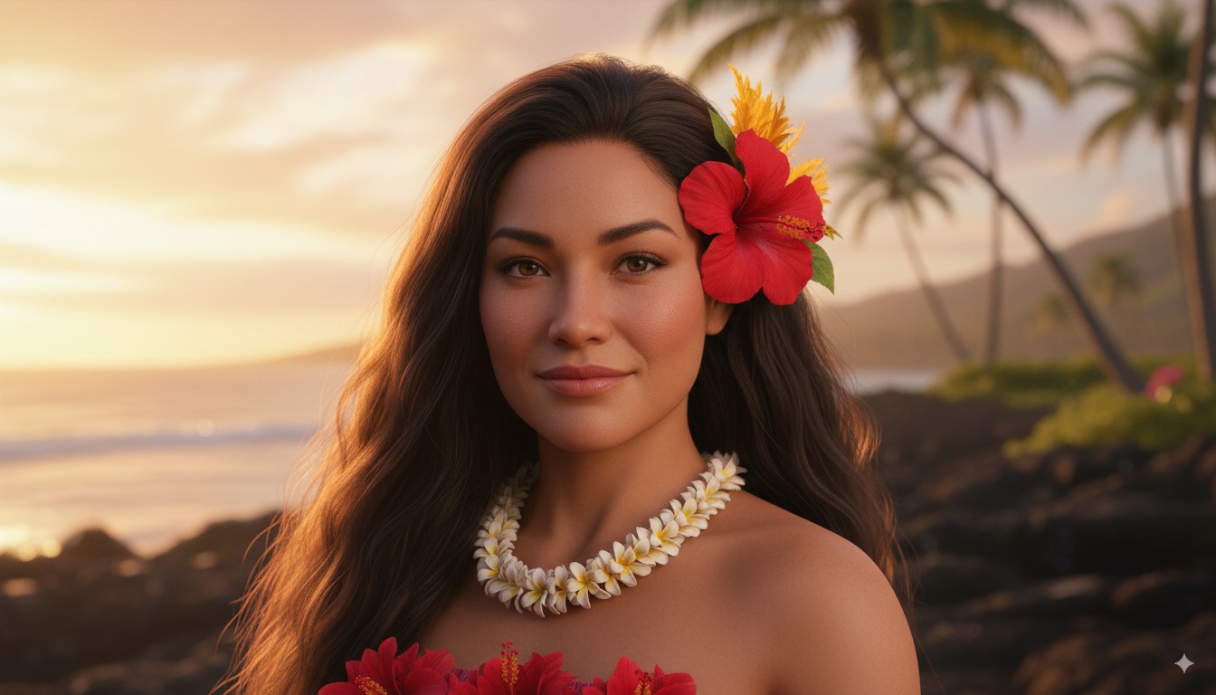 Lehua singing with a red lehua blossom in her hair