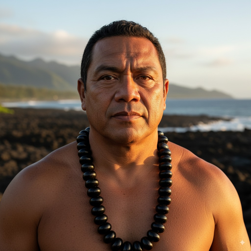 Makua Nui with pahu drum and kukui nut lei