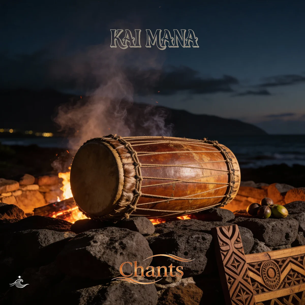 Makua Nui playing a traditional Hawaiian pahu drum on a beach at night lit by fiery tiki torches, Chants album cover.