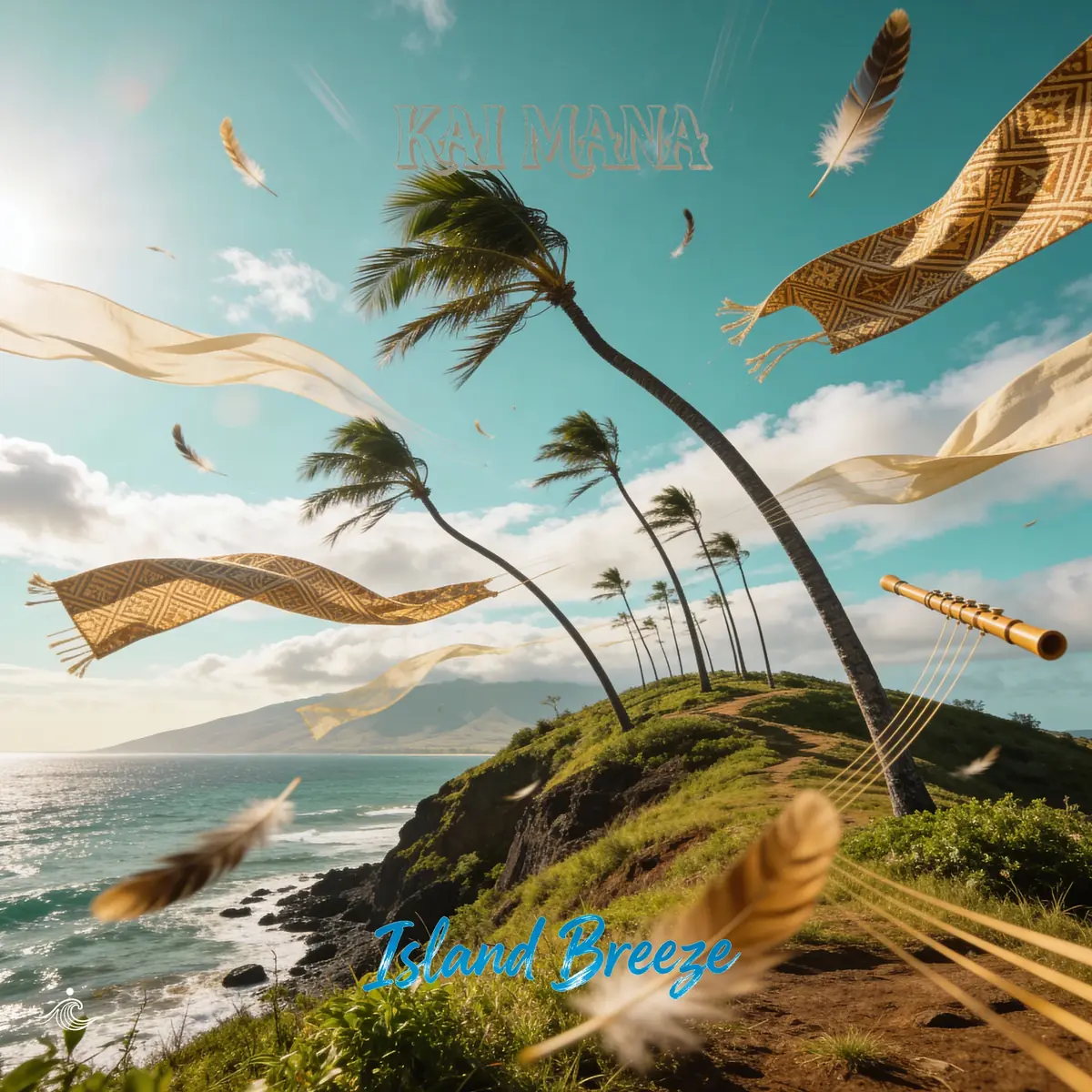 Makani sitting on a rocky coastline holding a guitar and playing a flute, wearing a white flower lei against a sunny ocean backdrop, Island Breeze album cover.