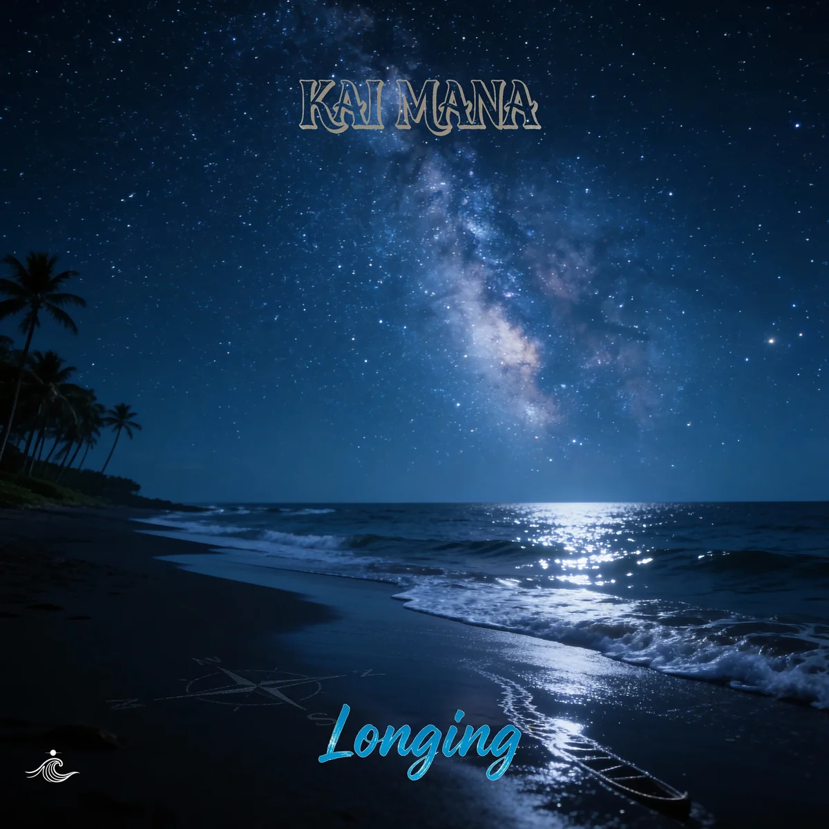 ʻAukai playing guitar on a beach under a starry night sky with a purple twilight horizon and full moon, Longing album cover.