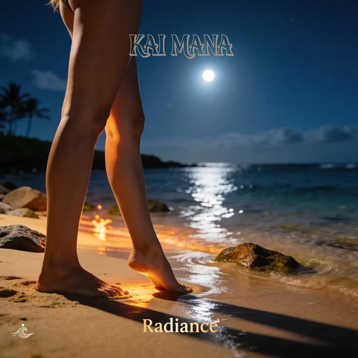 Kai Mana playing a small ukulele on a tropical beach at sunset, bathed in glowing golden light with ocean waves behind him, Radiance album cover.