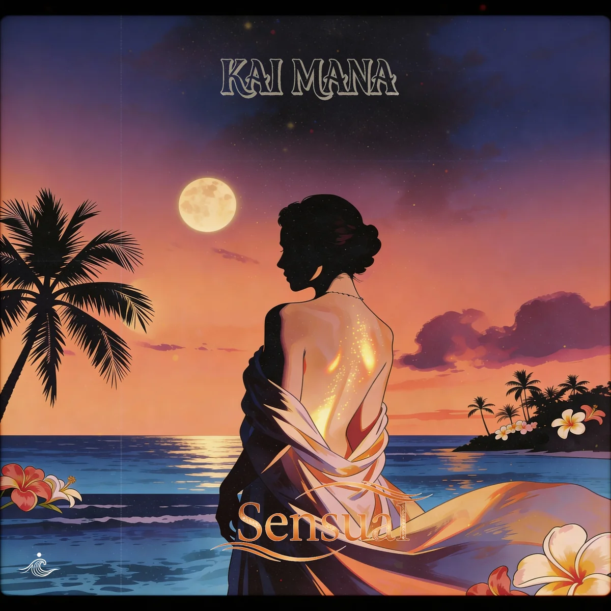 Lehua wearing a red hibiscus and flower leis in a warm, dimly lit evening setting surrounded by soft tiki torchlight, Sensual album cover.