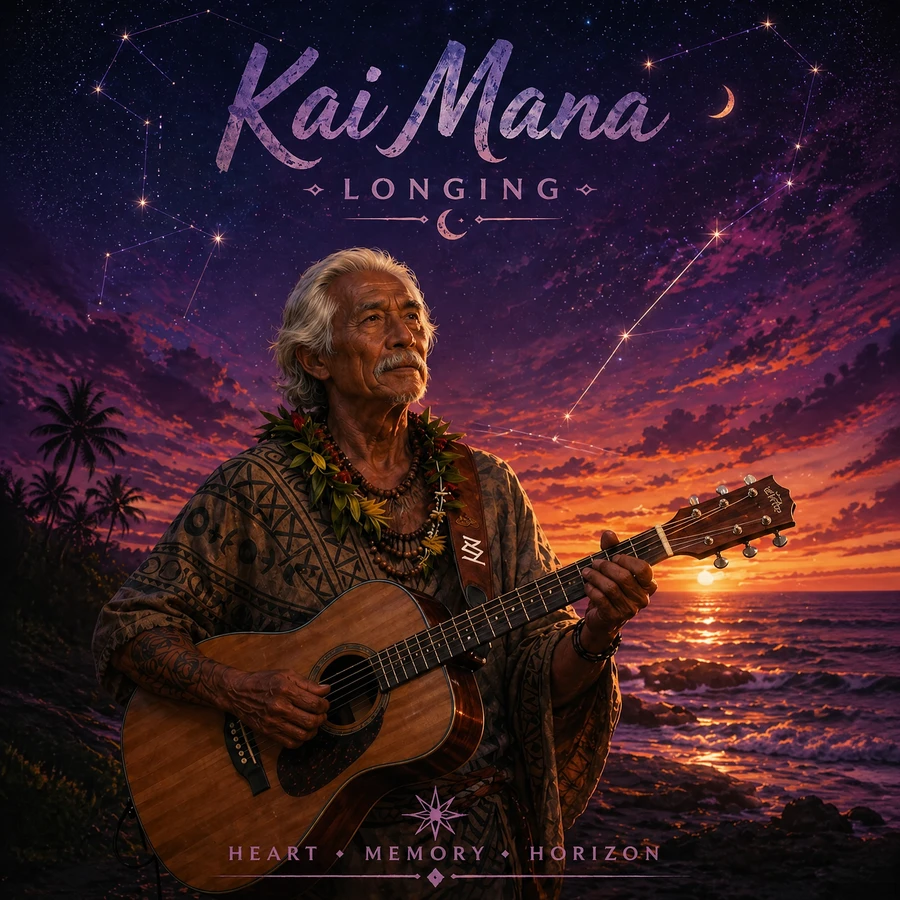 ʻAukai playing guitar on a beach under a starry night sky with a purple twilight horizon and full moon, Longing album cover.