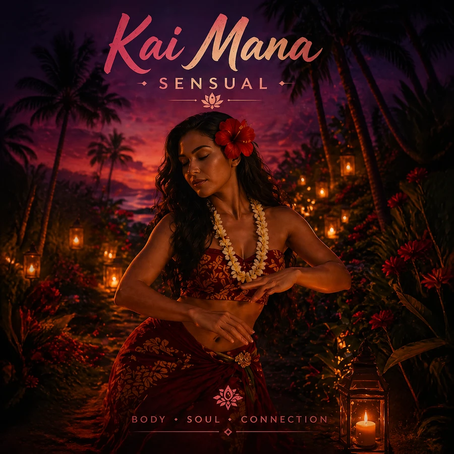 Lehua wearing a red hibiscus and flower leis in a warm, dimly lit evening setting surrounded by soft tiki torchlight, Sensual album cover.
