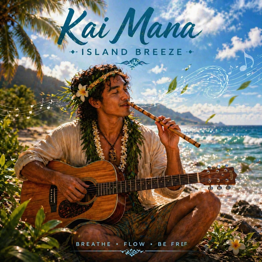 Makani sitting on a rocky coastline holding a guitar and playing a flute, wearing a white flower lei against a sunny ocean backdrop, Island Breeze album cover.