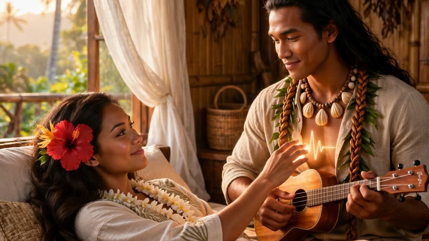 Kanikapila at the hale — an old guitar in a bamboo chair