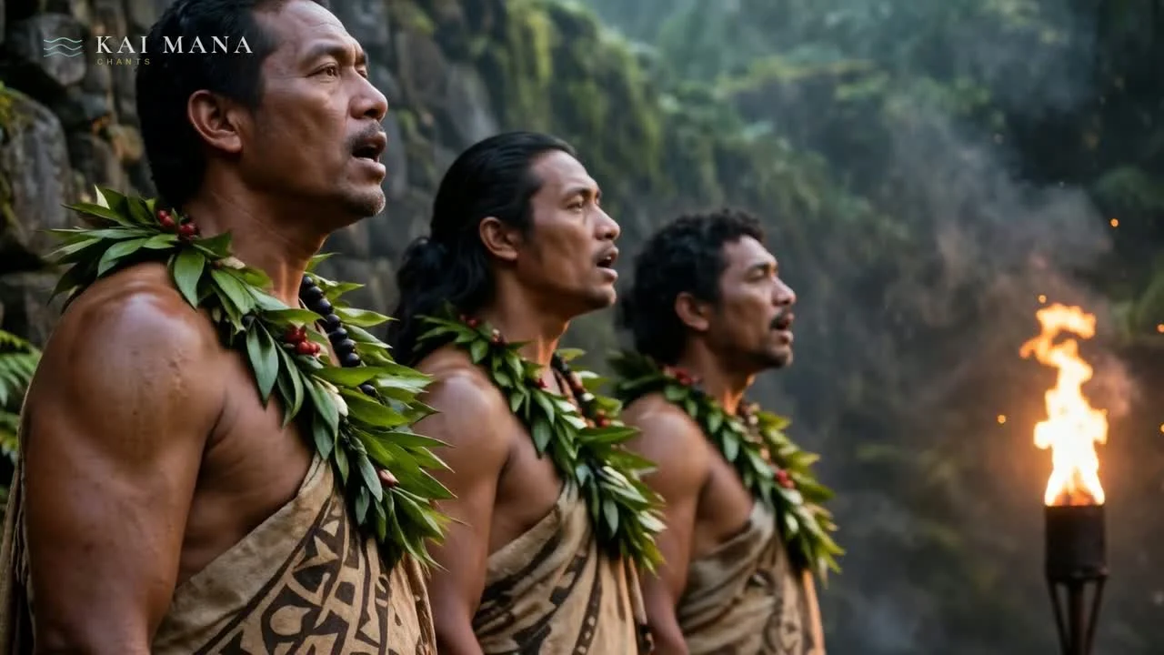 The trio chanting — Makua Nui in front, Kaimana and Makani behind