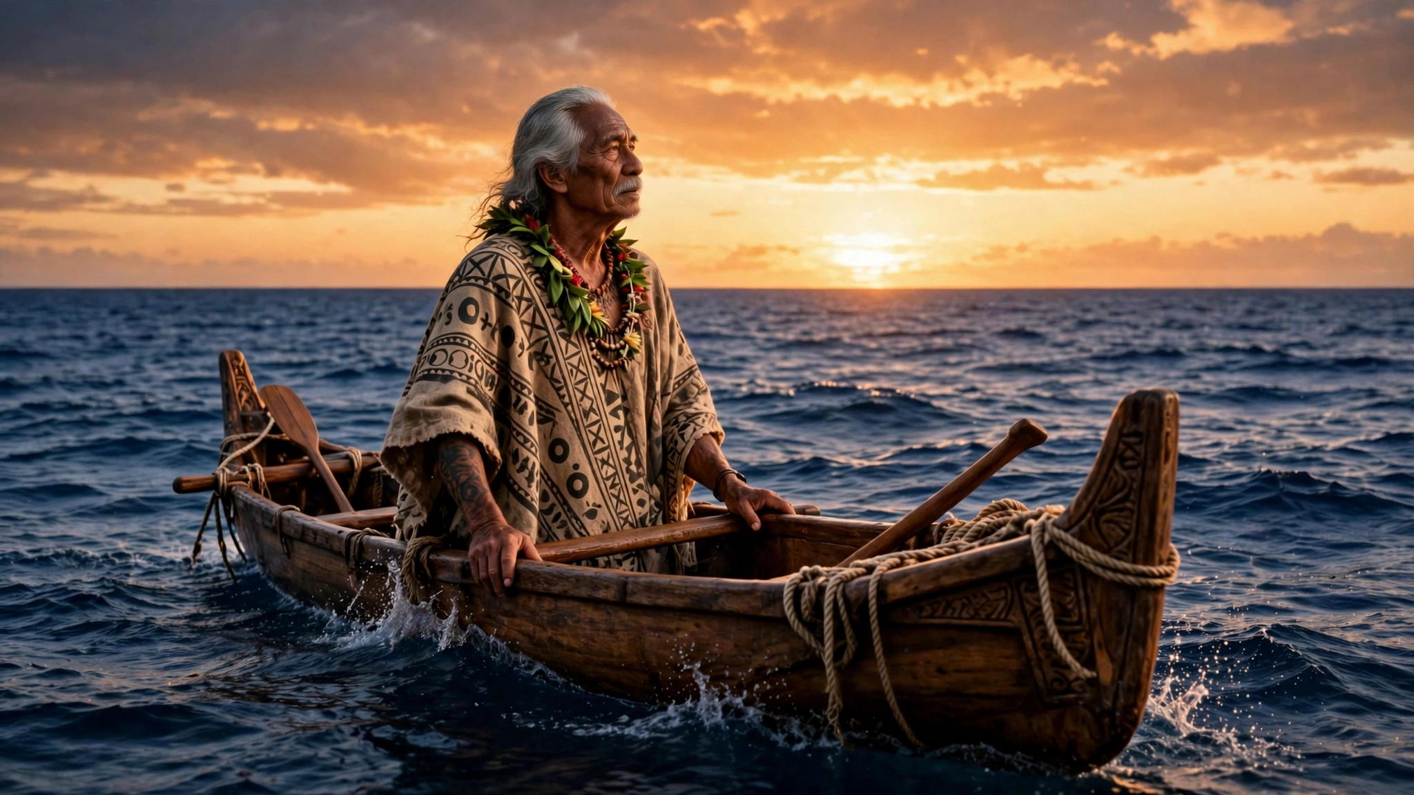 ʻAukai alone in his canoe on an endless sunset sea