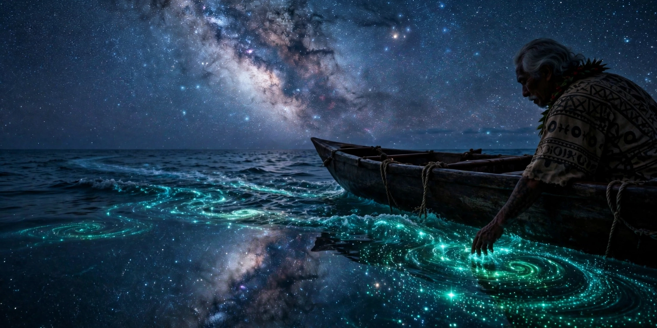 ʻAukai trailing his hand through bioluminescent water