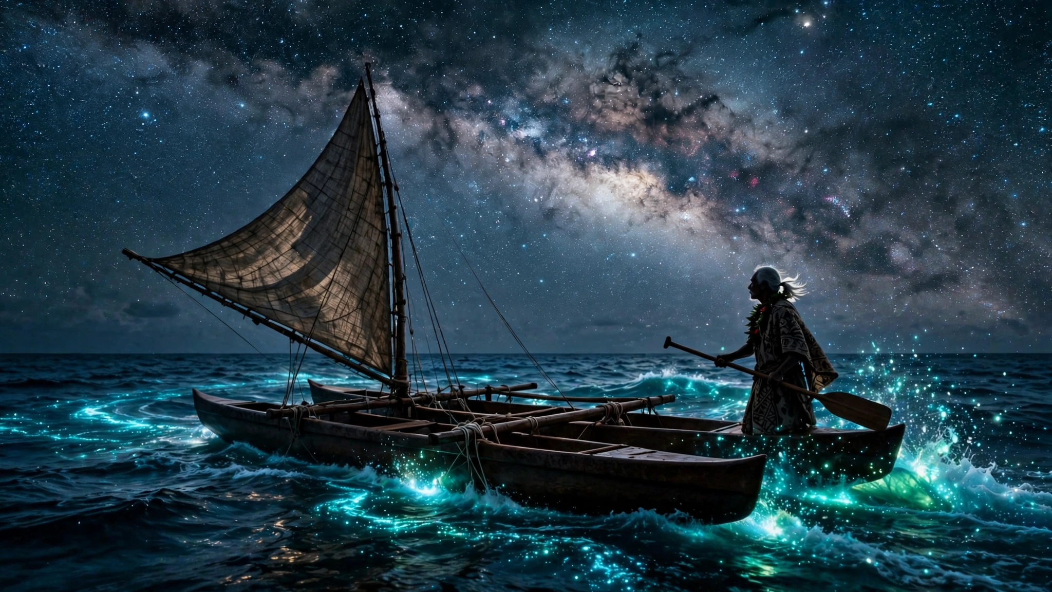 The canoe under full sail beneath the Milky Way, wake glowing