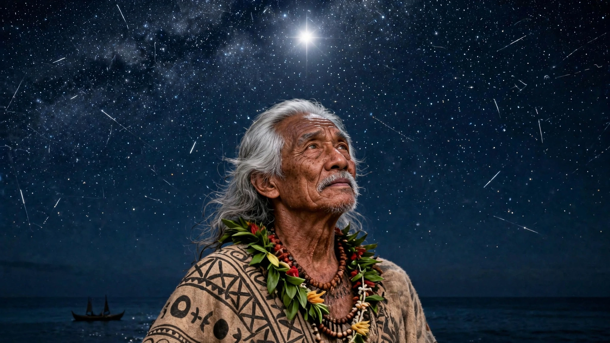 ʻAukai reading the stars, a distant sail on the horizon
