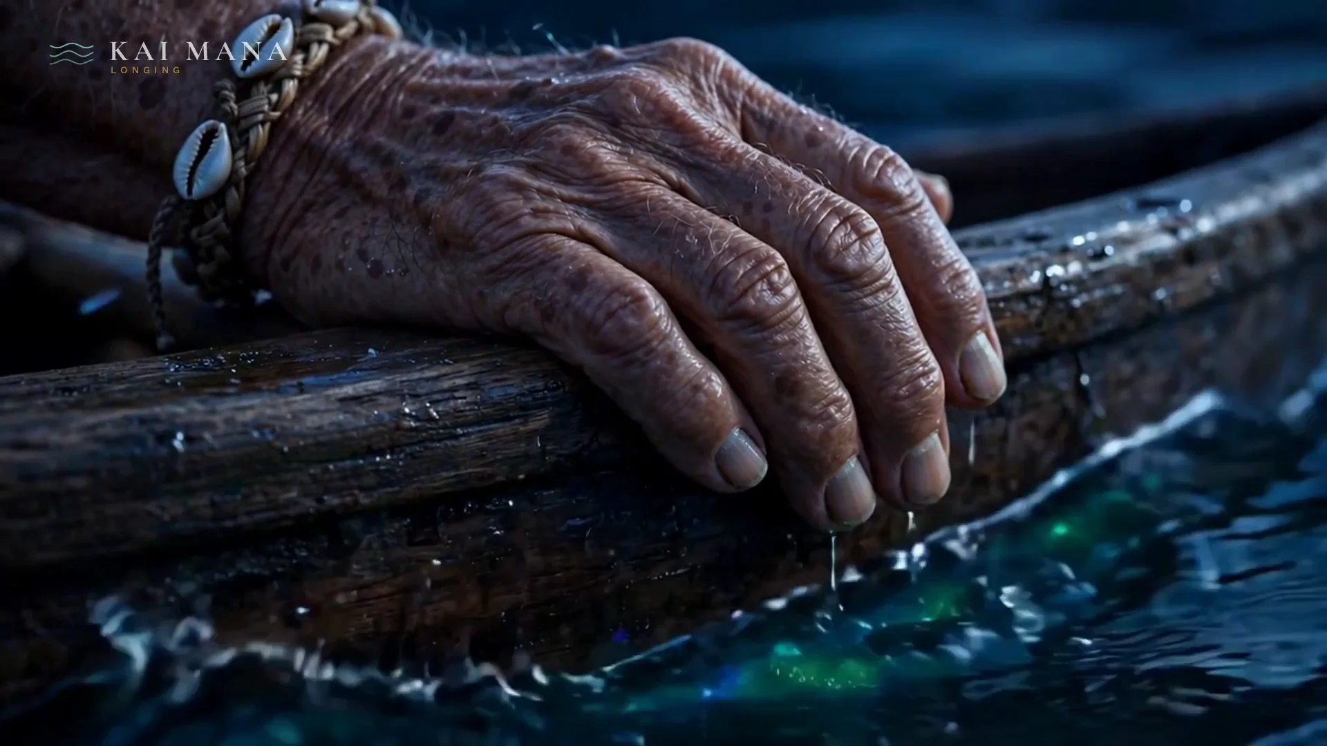 An elder's weathered hand resting on the canoe's gunwale