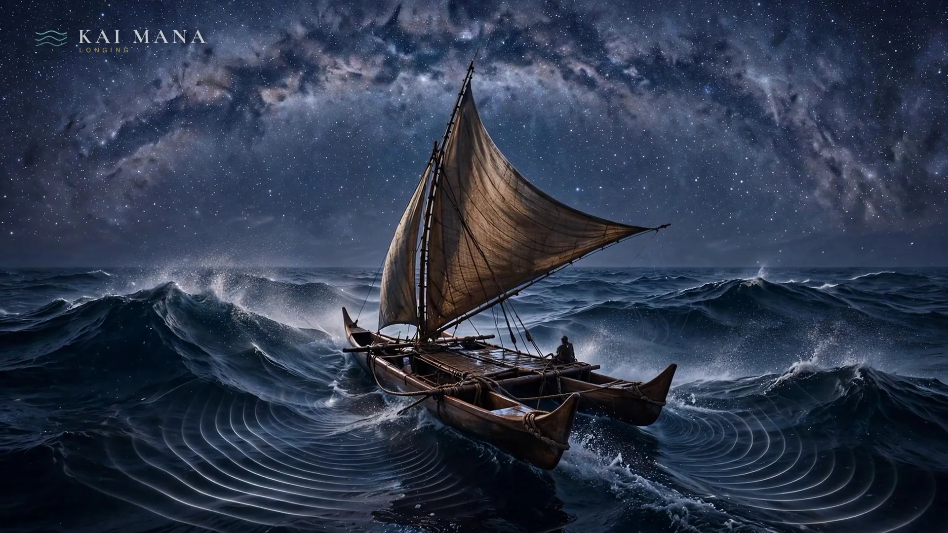 The sailing canoe on night swells under the Milky Way