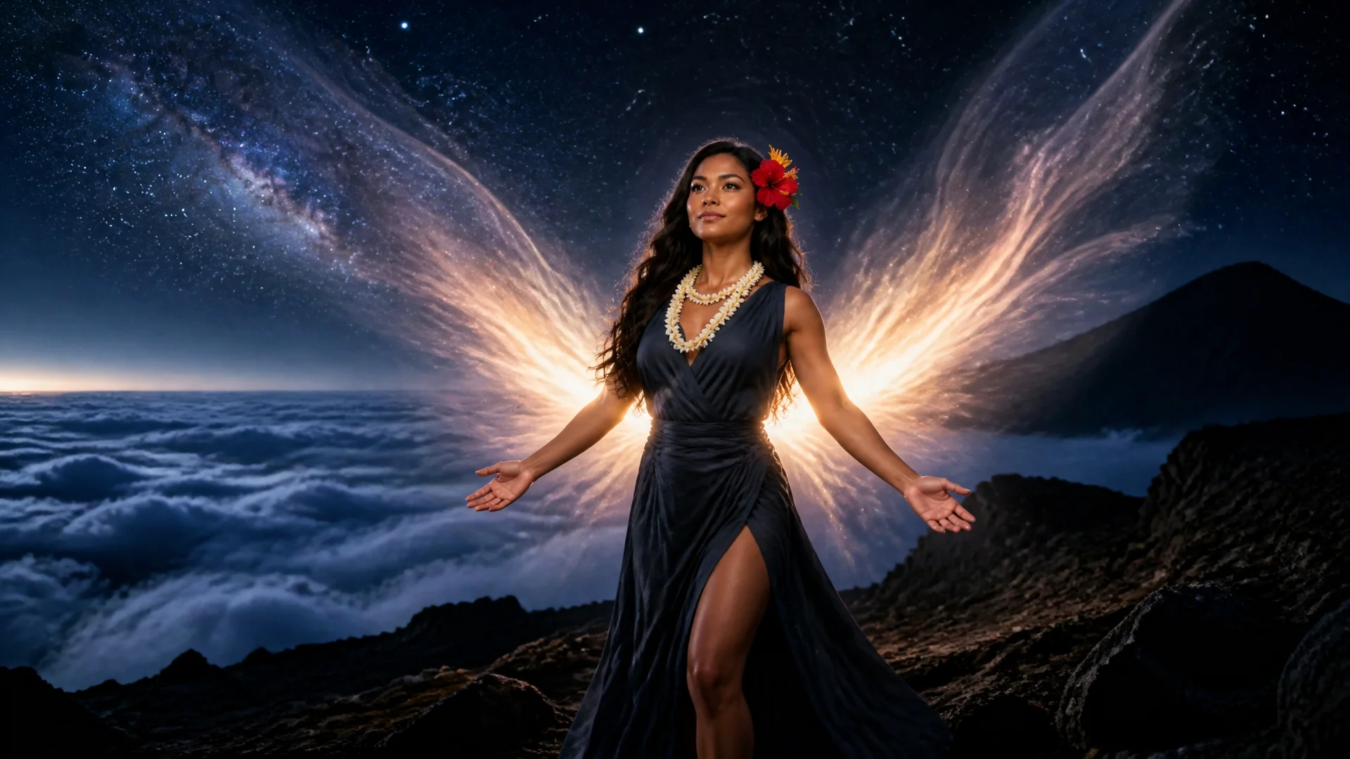 Lehua beneath the star canopy, light spreading like wings behind her