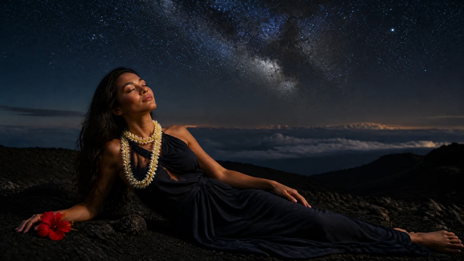 Lehua lying back under the canopy of stars in surrender