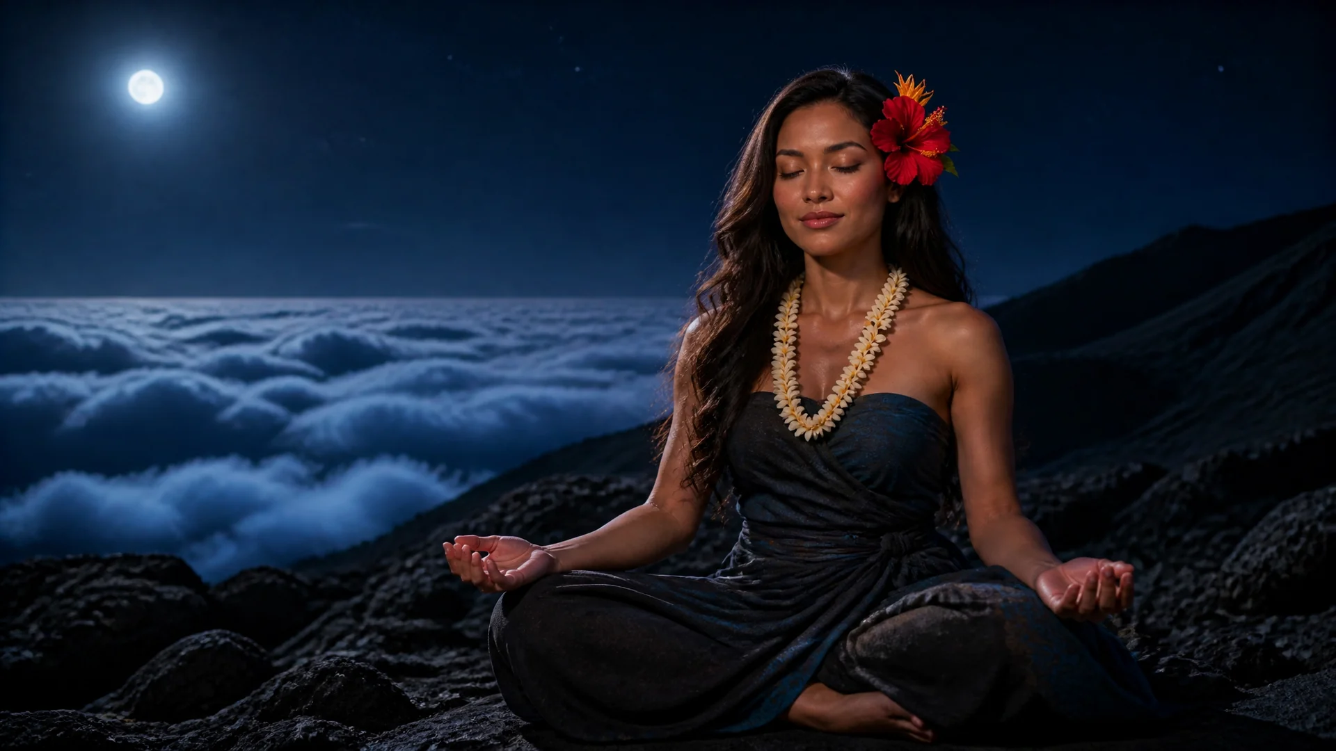 Lehua seated at the crater rim with her eyes closed in stillness