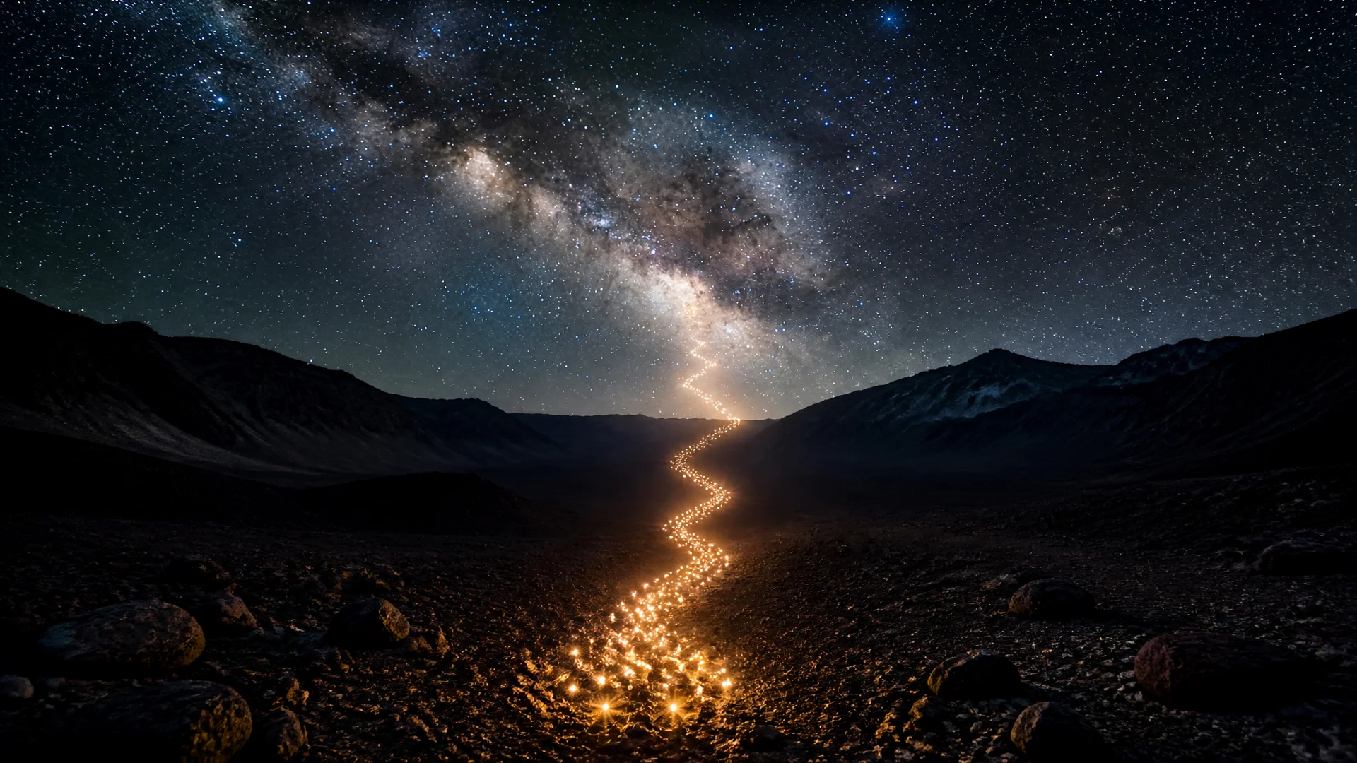 A staircase of light rising from the summit into the stars