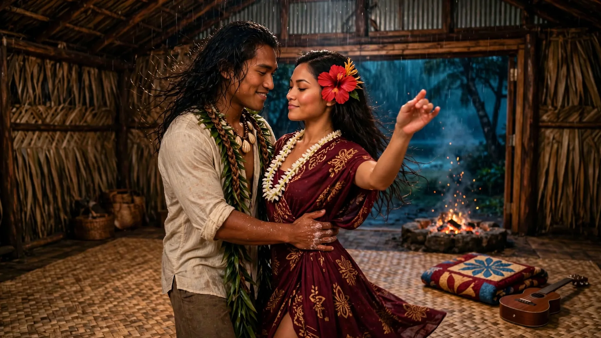 Lehua and Kaimana dancing slowly in the amber glow of a grass shack while rain falls beyond the doorway