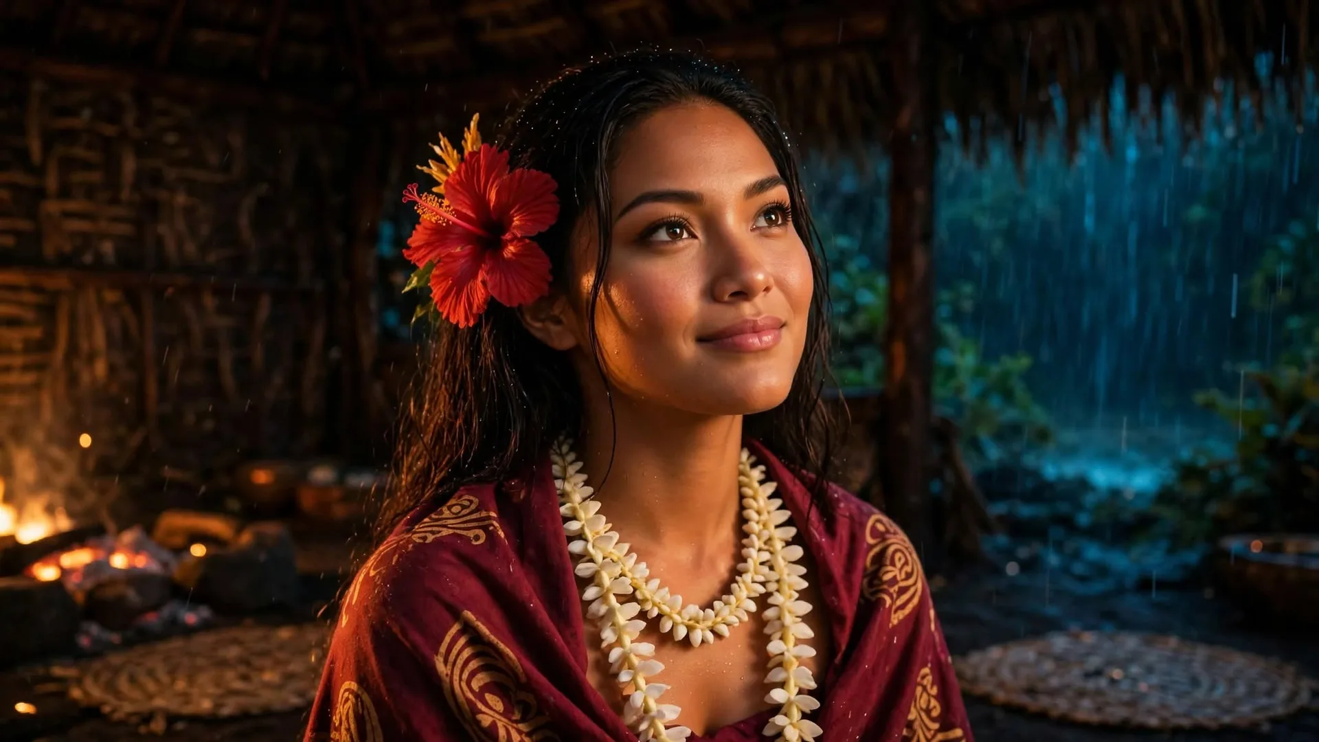 Lehua lifting her eyes from the coals as she begins to sing