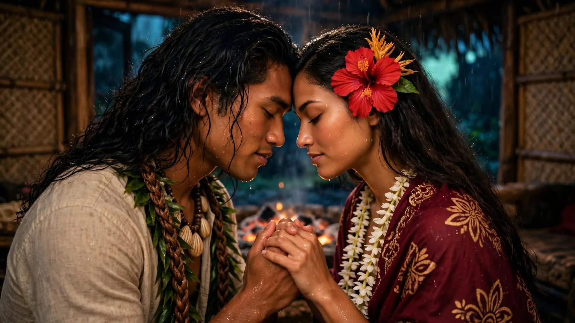 Lehua and Kaimana with foreheads touching, fingers interlaced, eyes closed