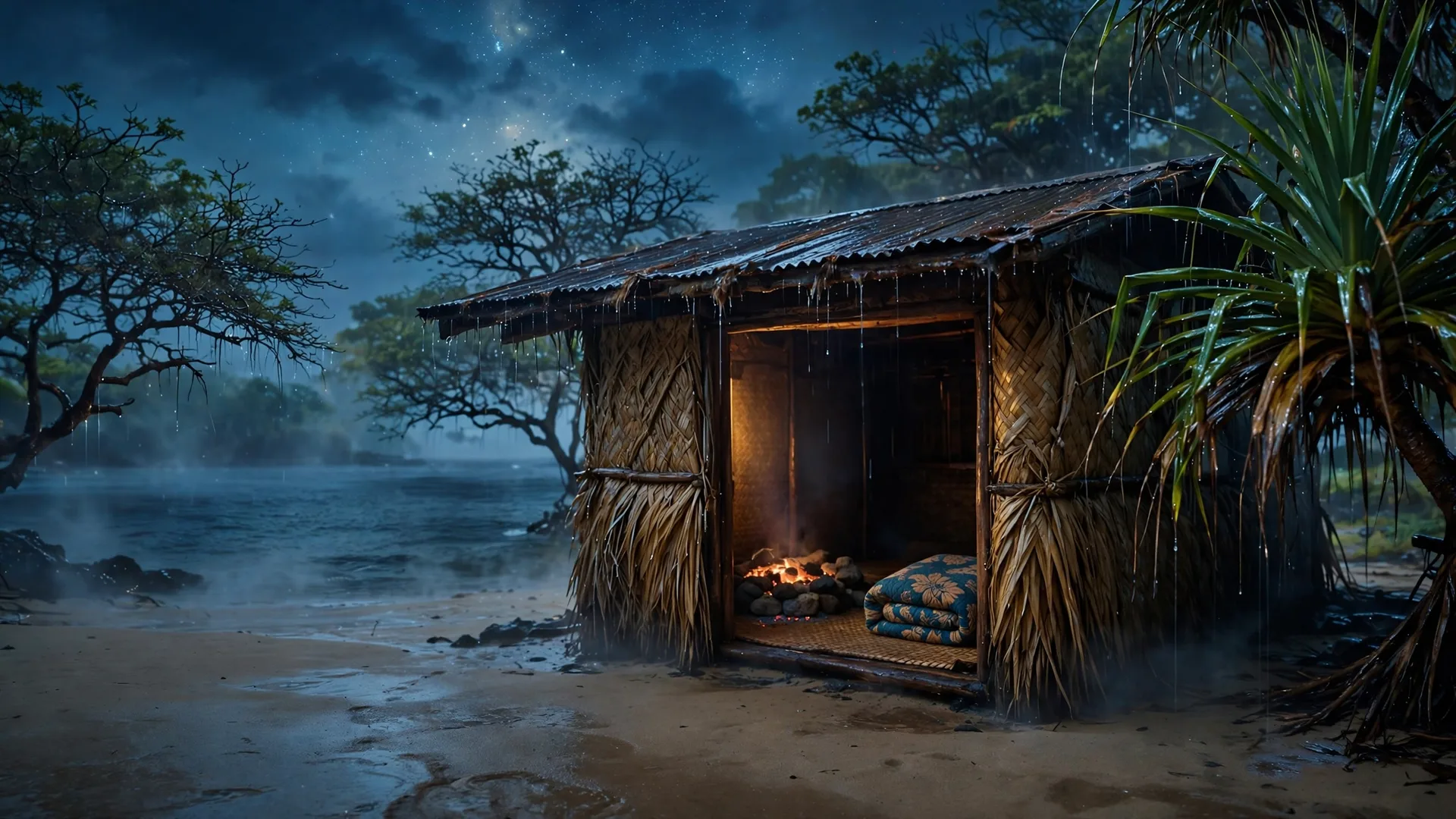 The shack under a starry sky after the storm, its glow low and dim
