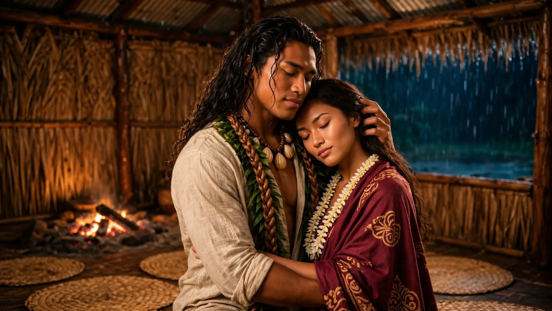 Lehua resting her head on Kaimana’s shoulder in a slow turning dance