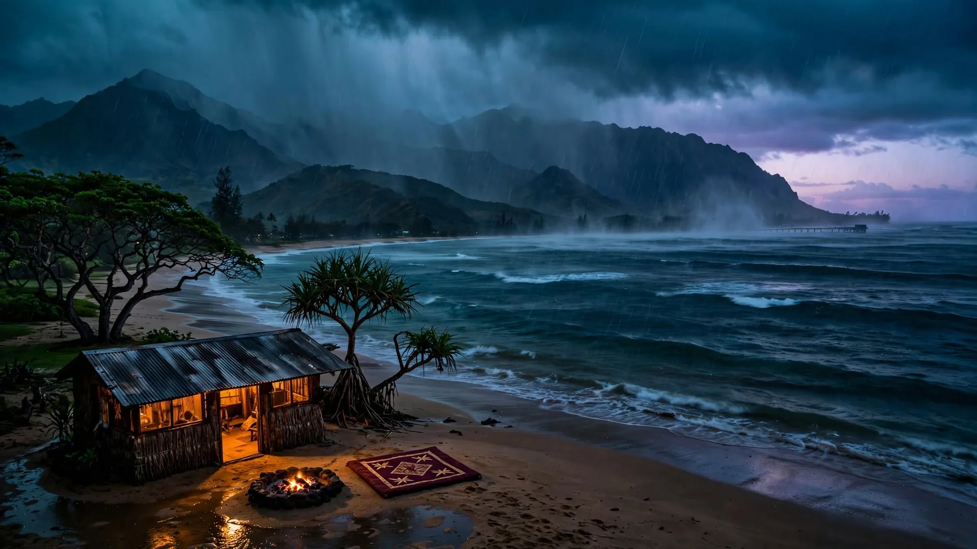 A wall of rain sweeping toward a dark shoreline, one small shack glowing amber