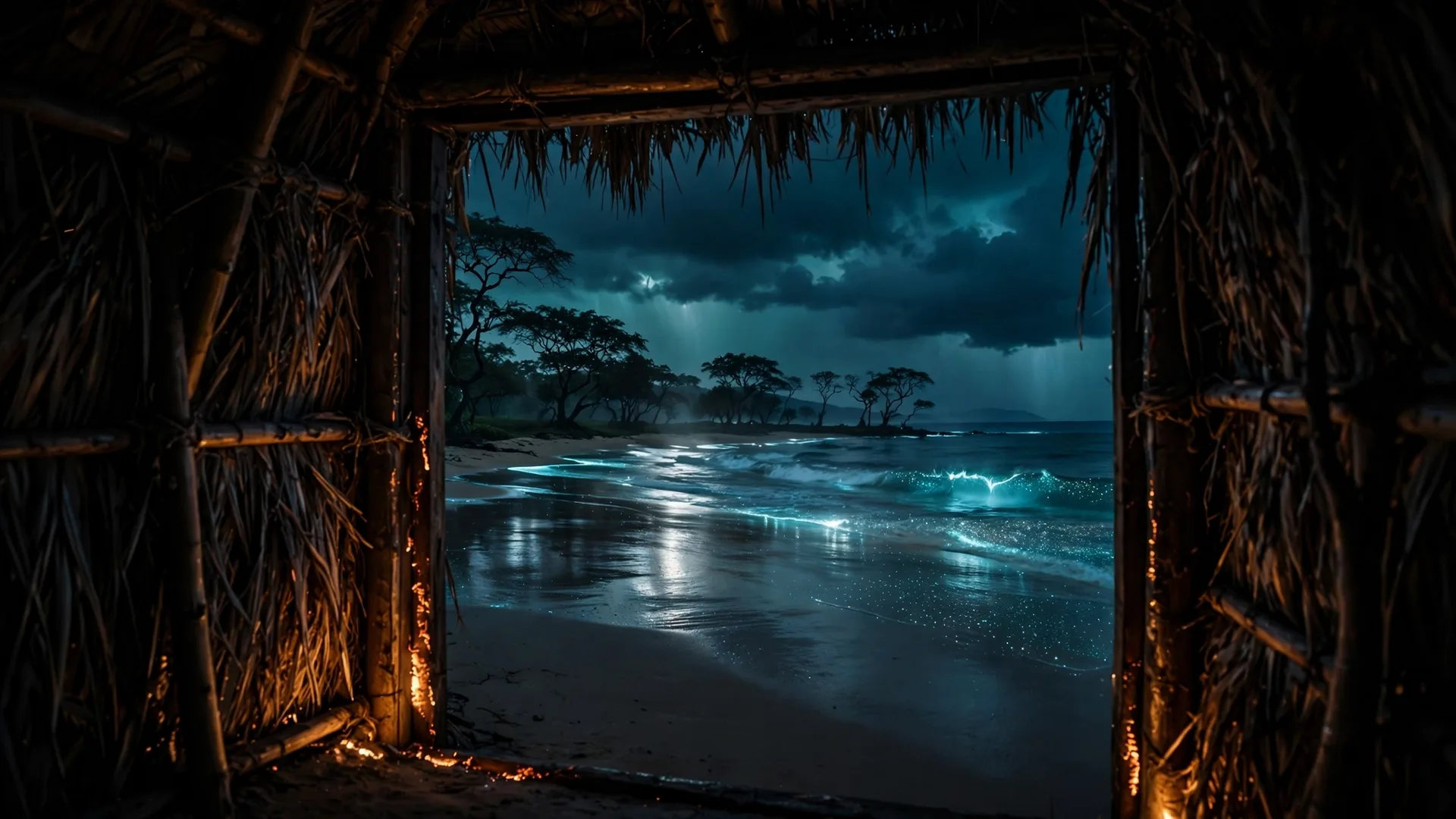 Bioluminescent waves breaking in teal and silver beyond the shack doorway