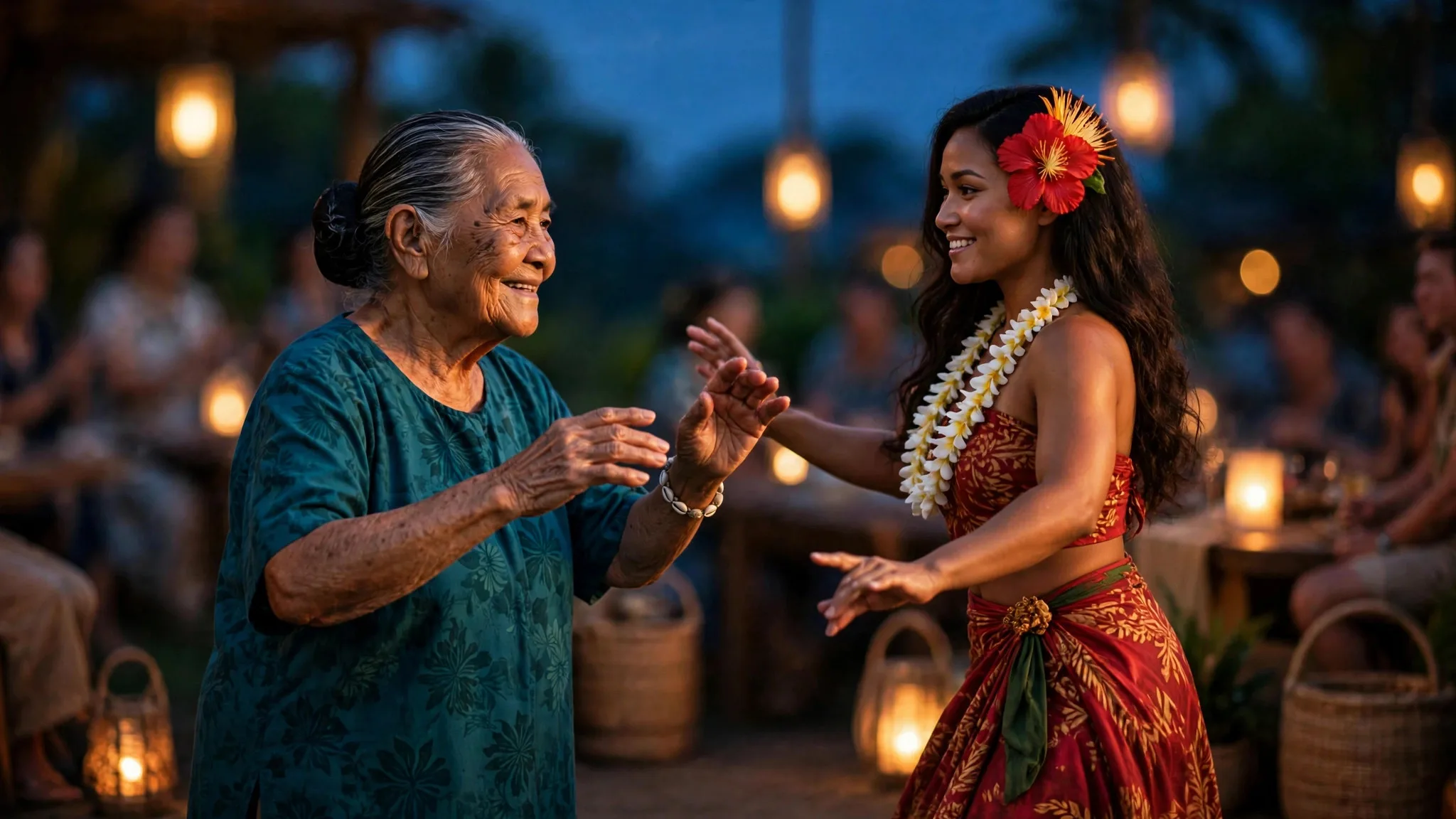 Elders and keiki trading dance moves in the circle