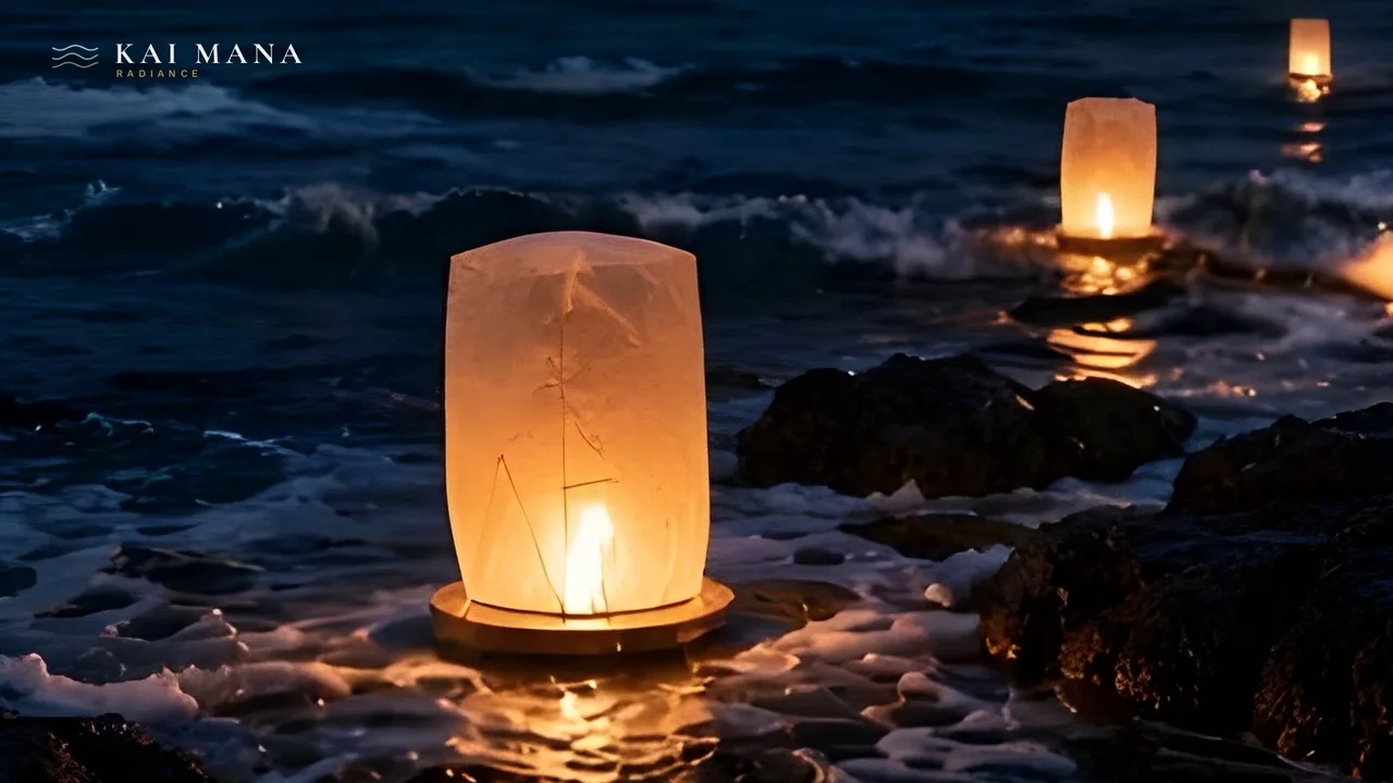 Lanterns drifting together on calm night water