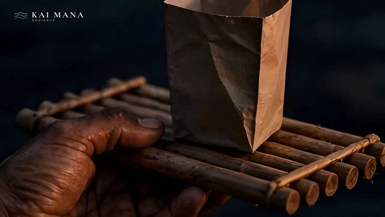 A work-roughened hand holding a small bamboo raft with a paper lantern over dark water