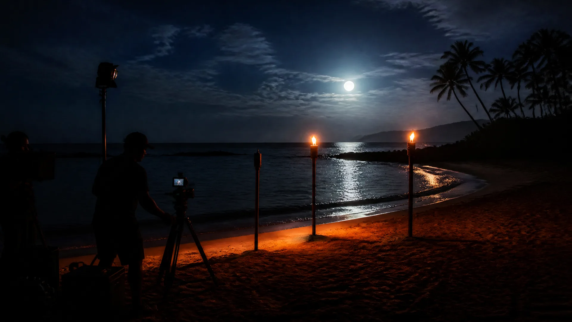 The opening call — torches lighting on the night beach