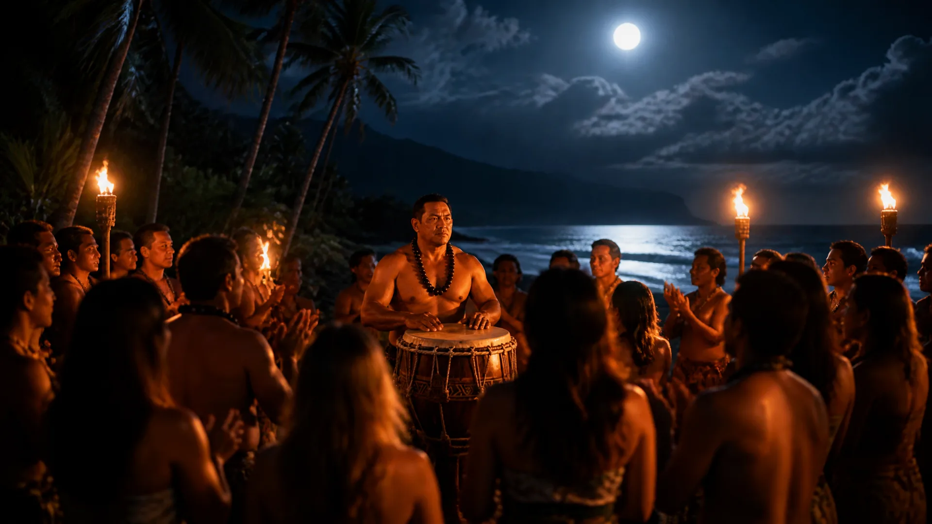 The roll call — Makua Nui pounds the drum