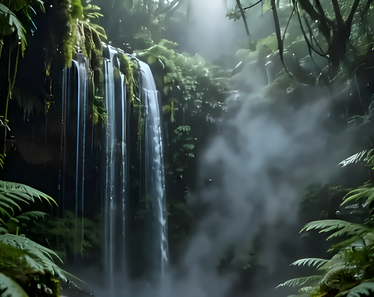 Waterfall mist in the waking jungle