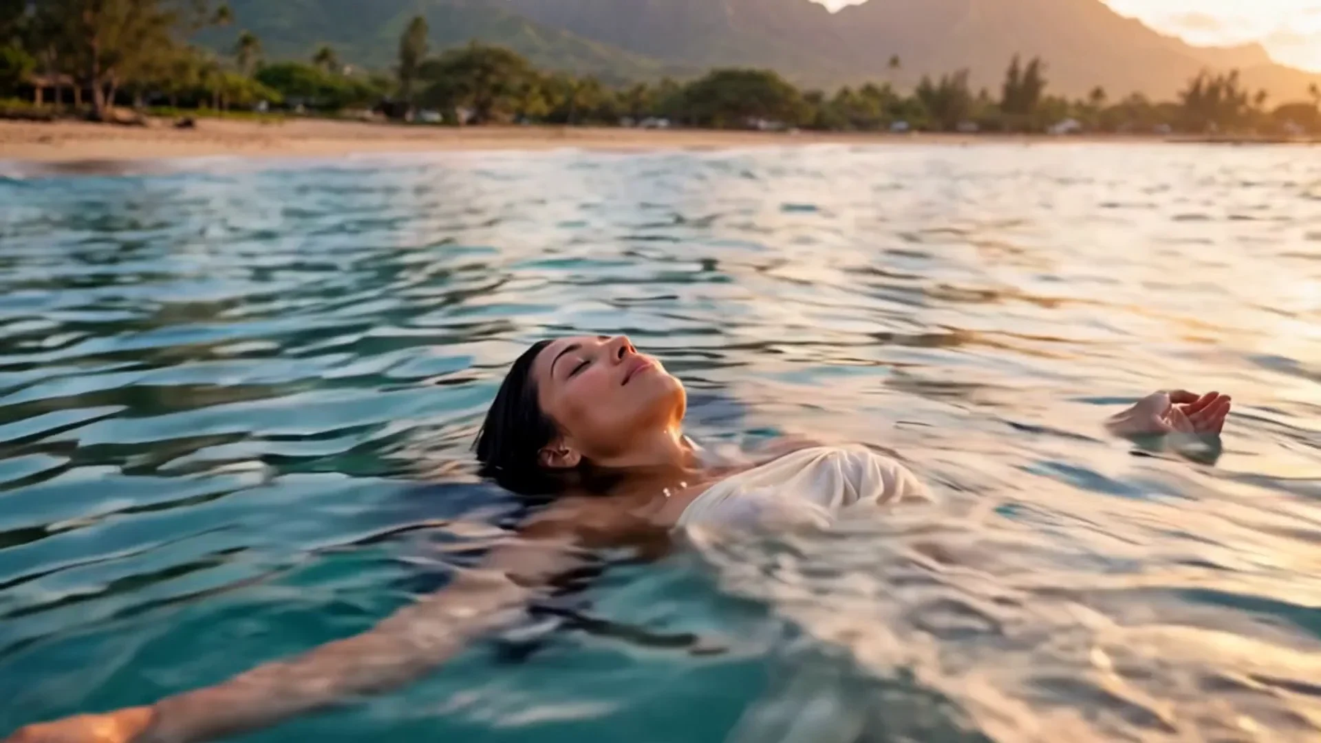Lehua floating weightless in golden shallows