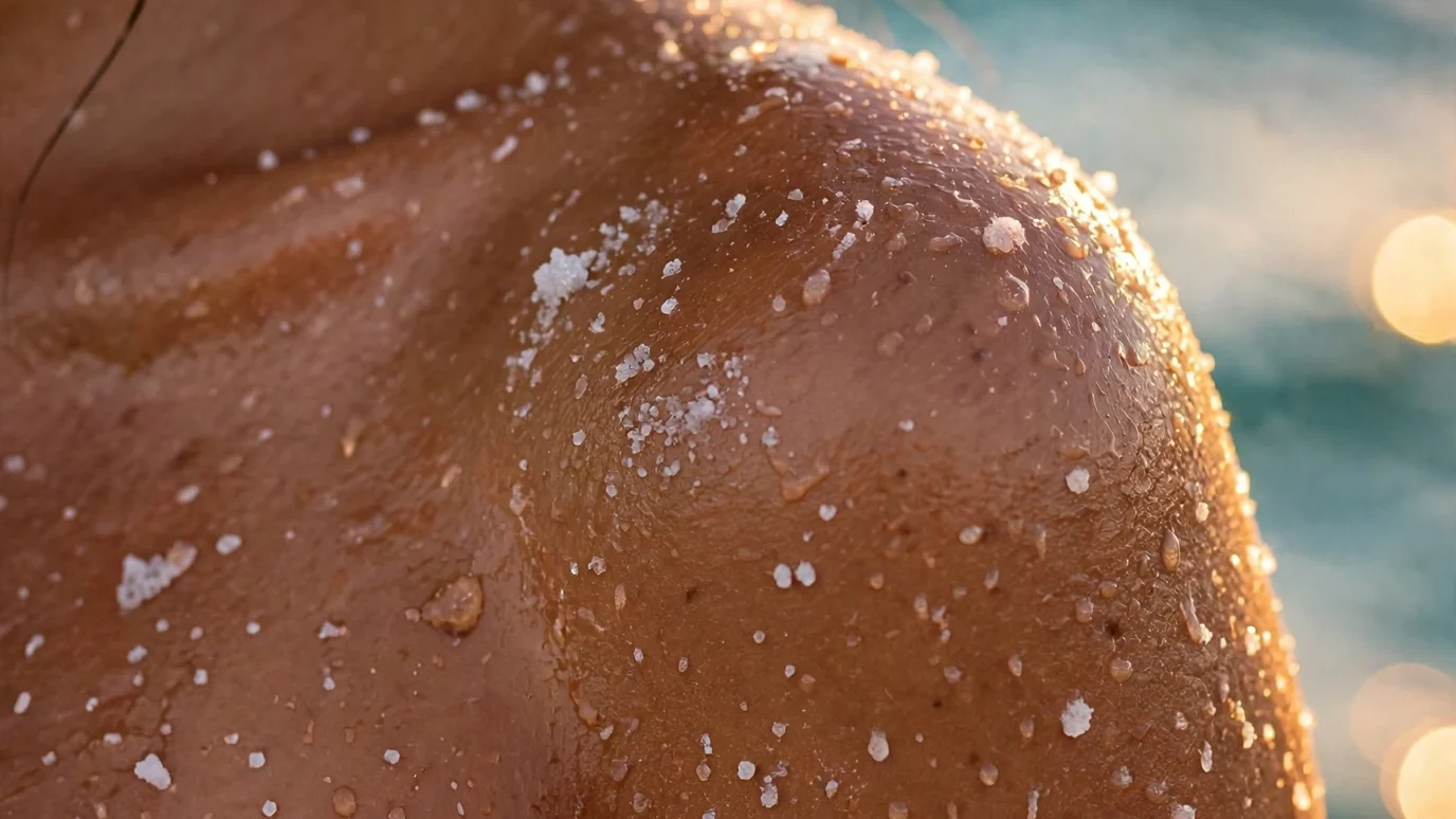 Salt crystals drying on Lehua's shoulder