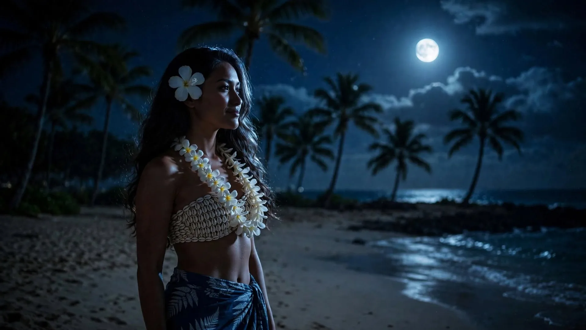 Lehua wading out of black water under the full moon