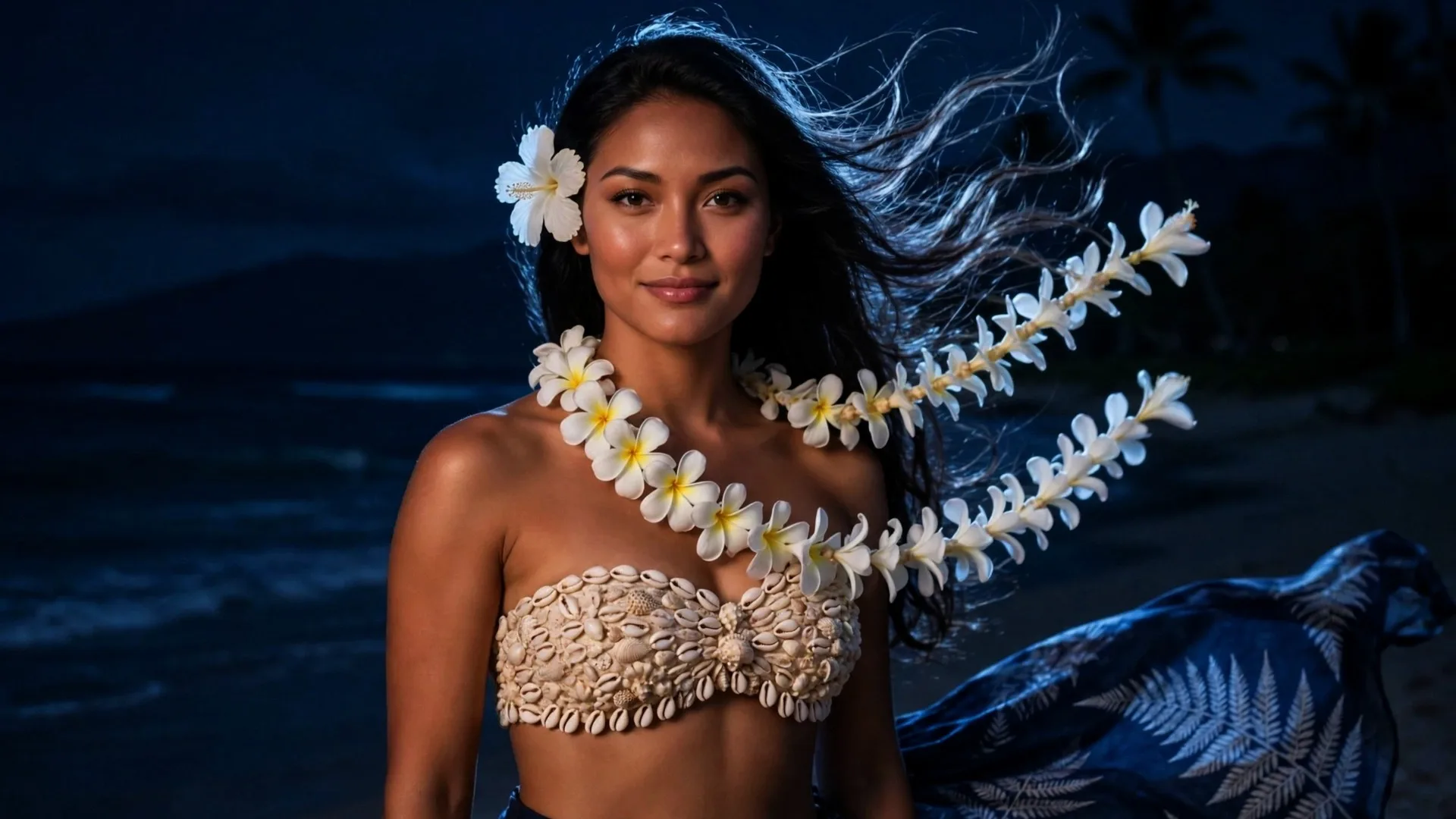 A gold lei catching moonlight on Lehua’s skin