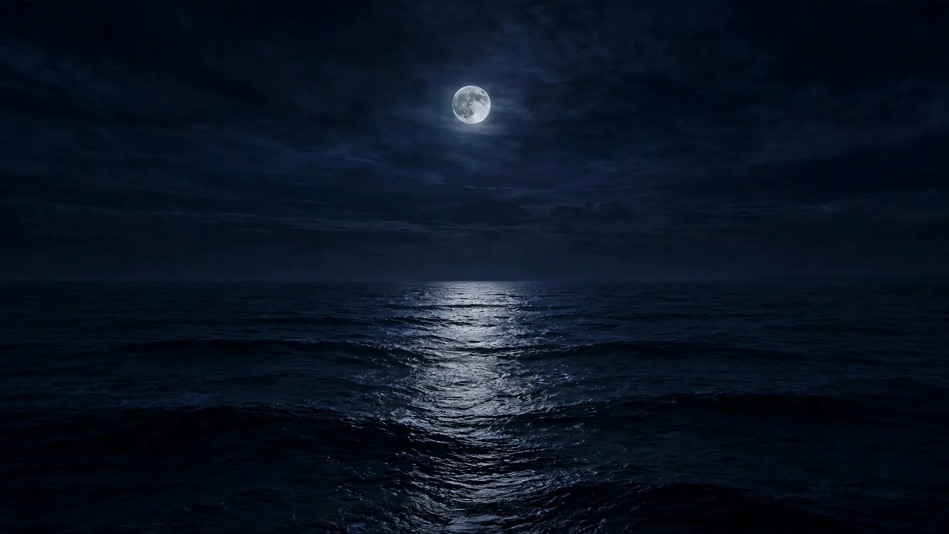 A full moon laying a path of light across a dark bay