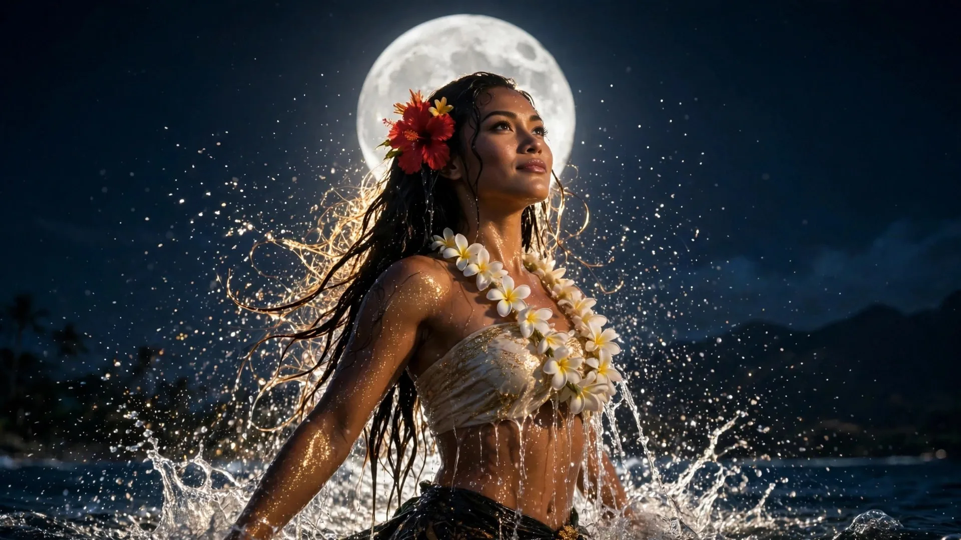 Lehua rising from the sea inside a halo of moonlight