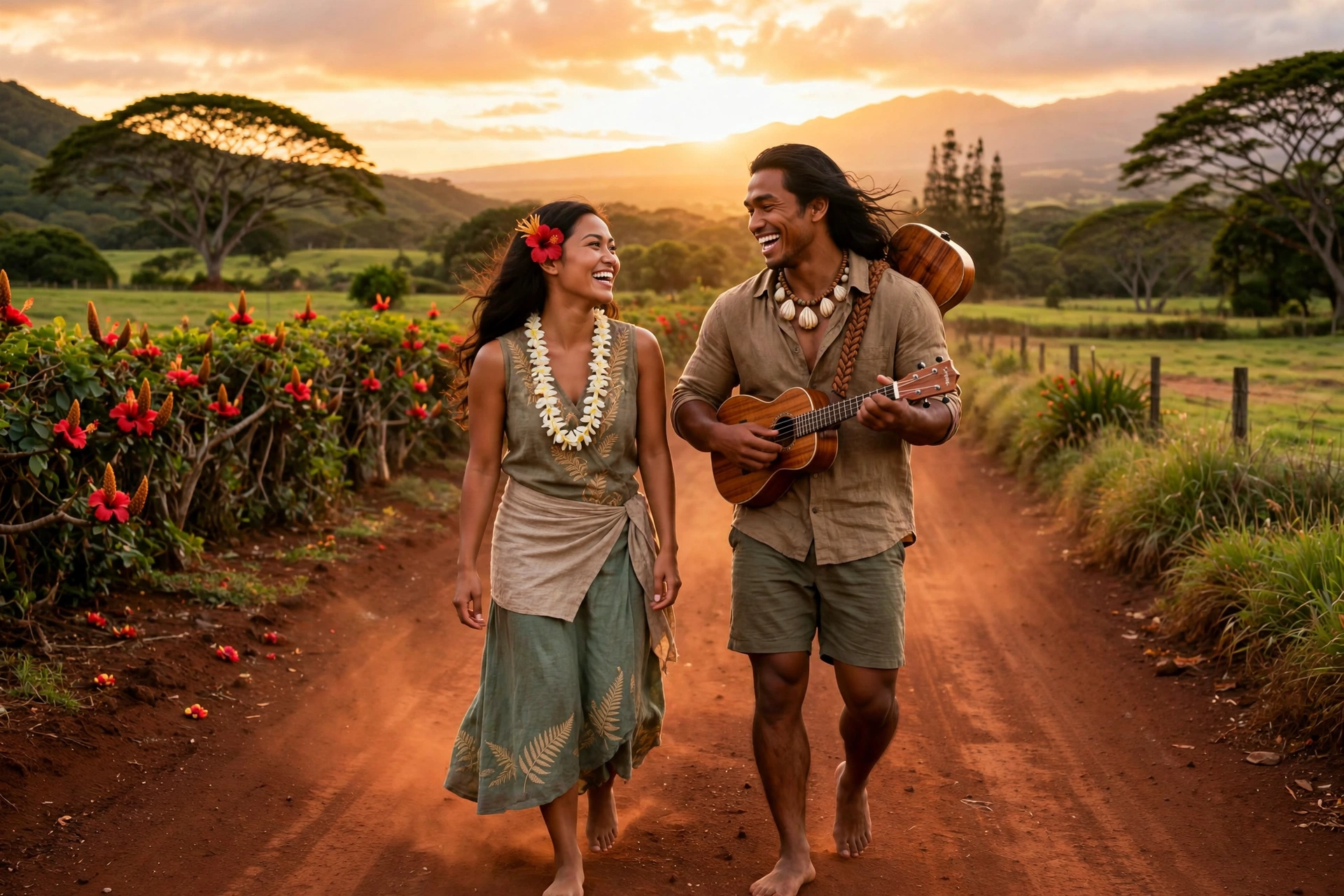 Bare feet on Maui's red dirt road at golden hour