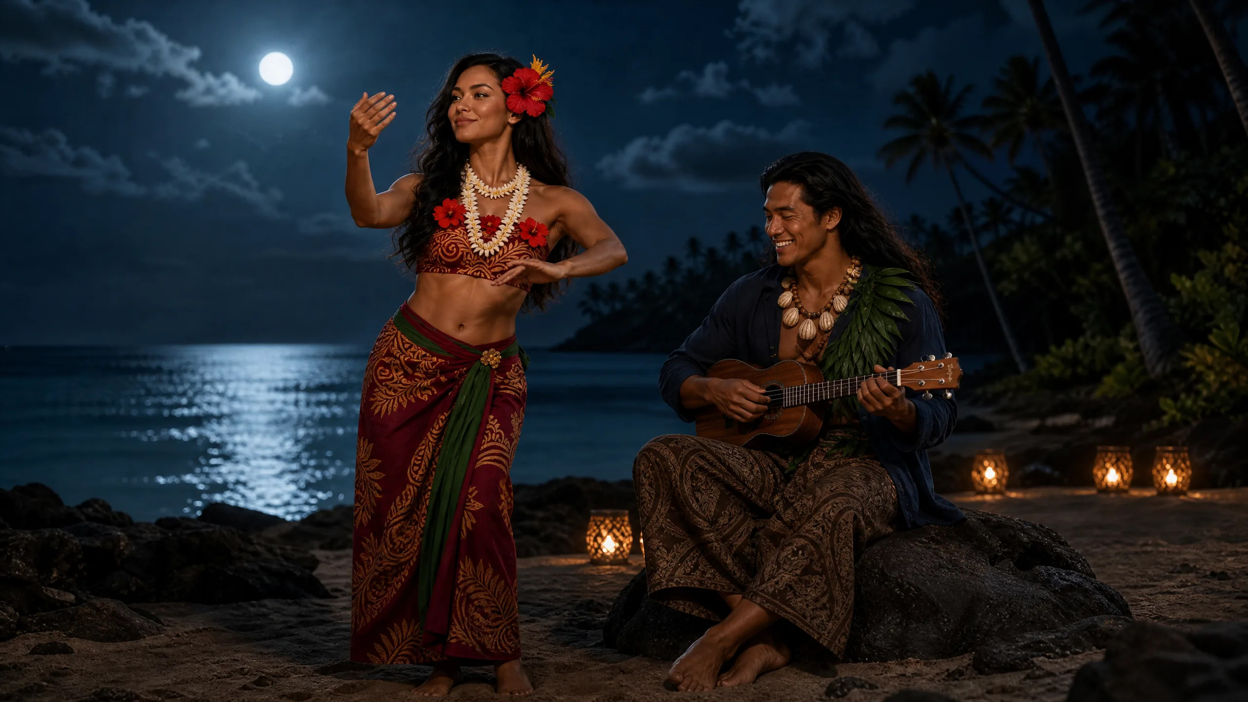 Torchlight hula under the island moon