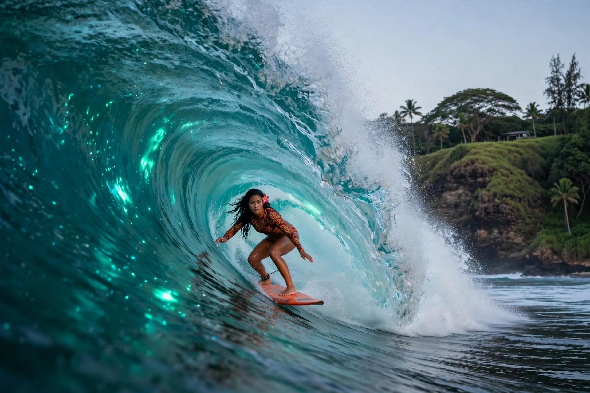 Lehua surfing a turquoise-glowing Honolua barrel at dawn