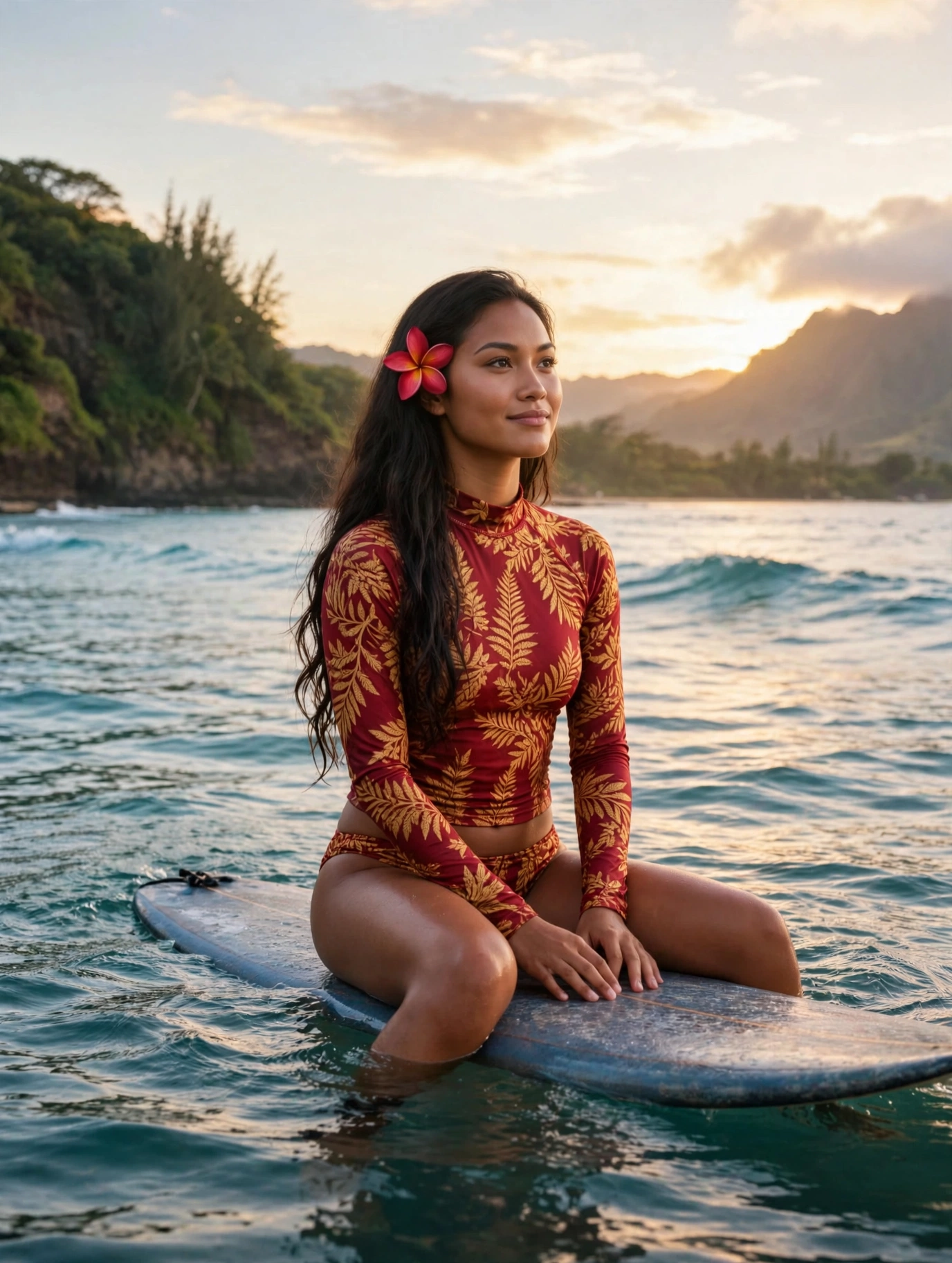 Lehua waiting for the set at dawn patrol, wax on the board