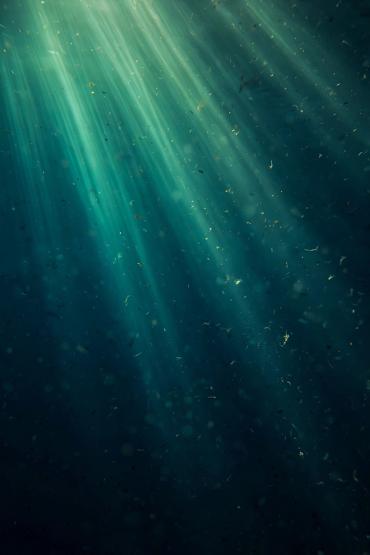 Sunlight shafting through emerald water beneath the surface