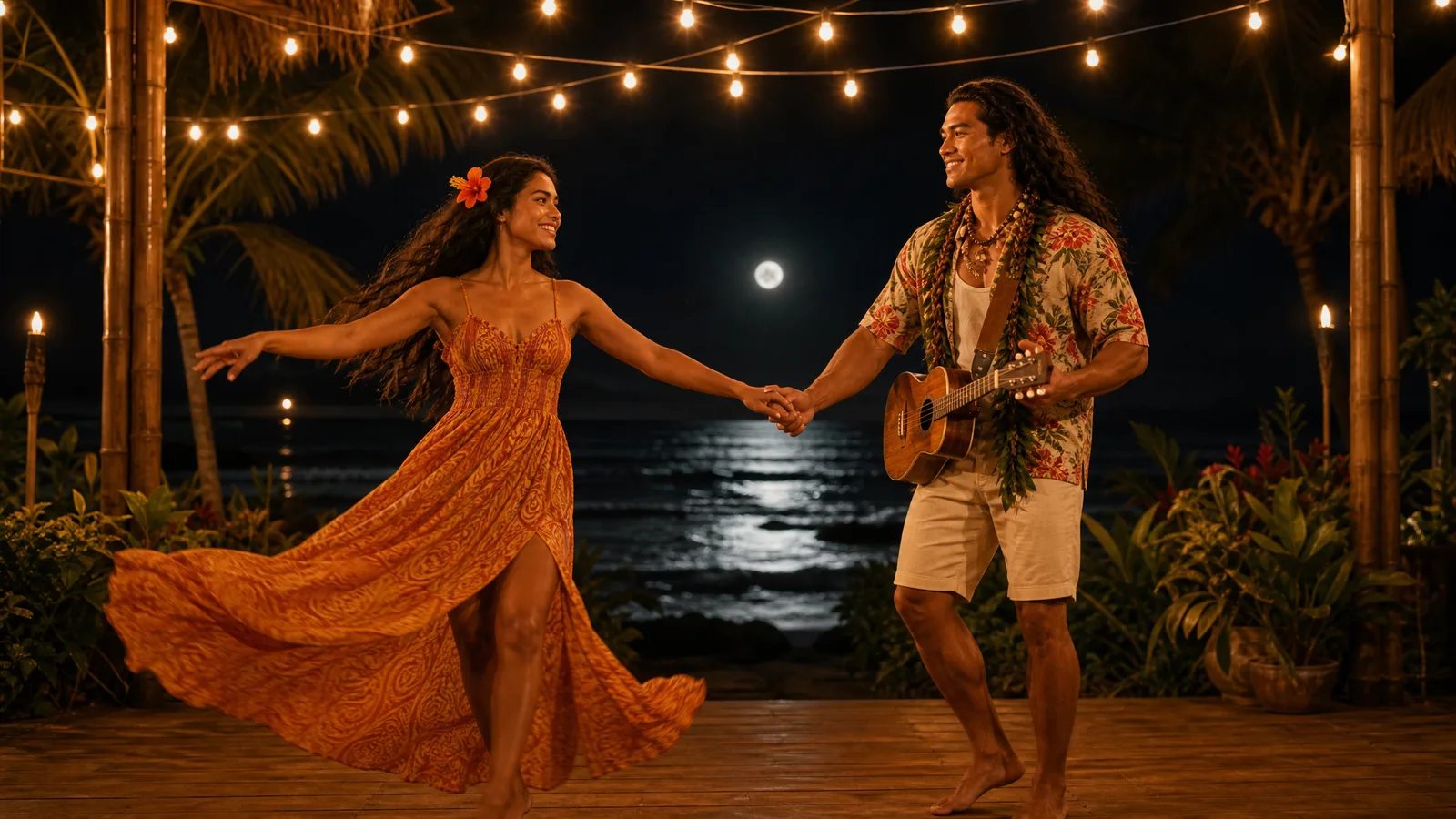 Dancing under string lights at dusk