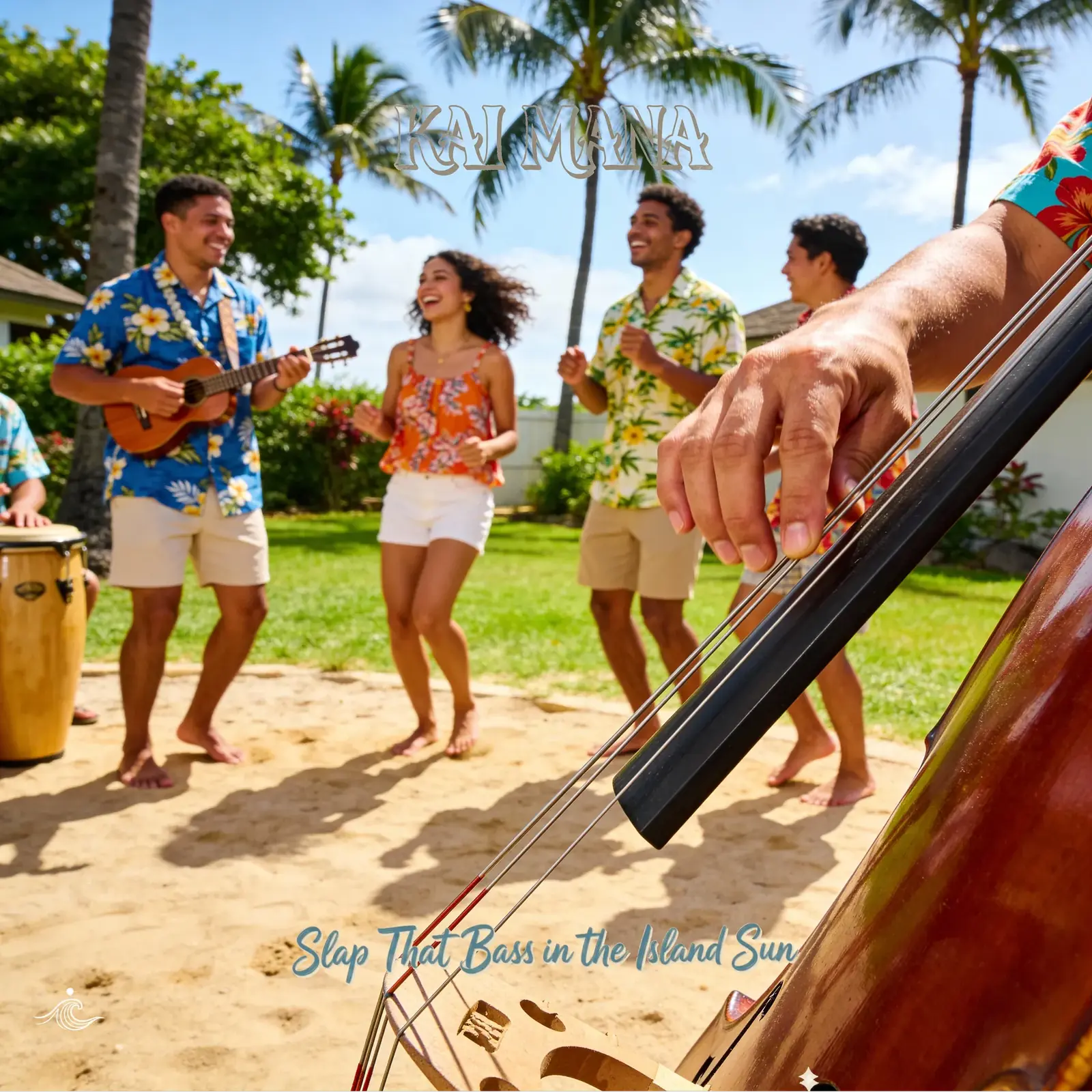 Slap That Bass in the Island Sun artwork by Kai Mana, reflecting energetic, percussive Maui music themes